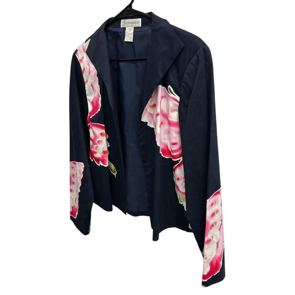Vintage Elyse Hart Ltd Butterfly Print Navy Jacket Vibrant Pink Accents Sz Large - Picture 3 of 7